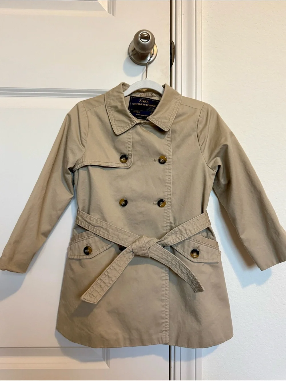 Zara Girls' (5 y/o) Beige Double-Breasted Water Repellent Trench Coat with Belt